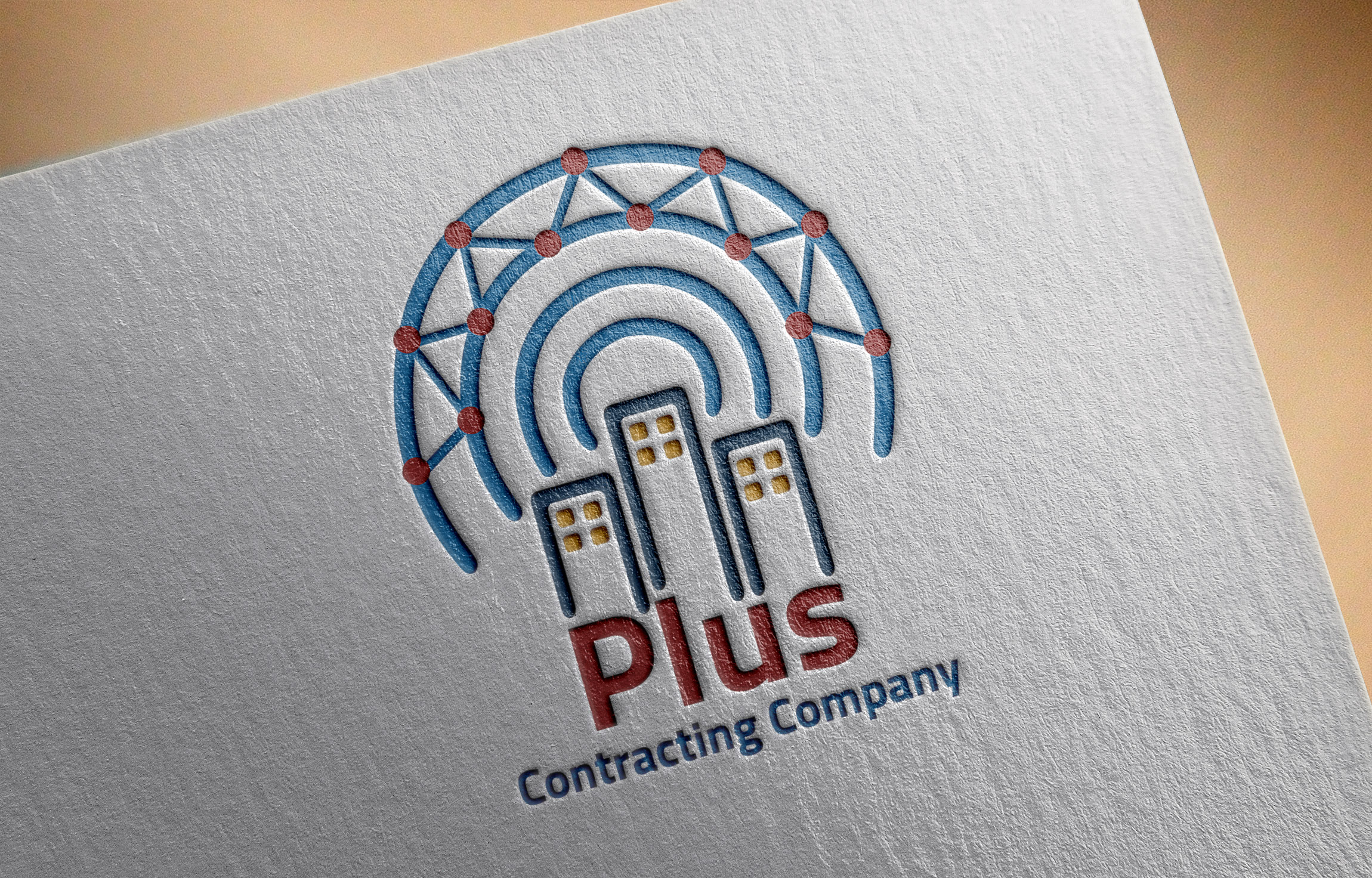 موك أب تصميم شعار لوجو شركة بلس للإتصالات والمقاولات العامة محفور على ورقة 3